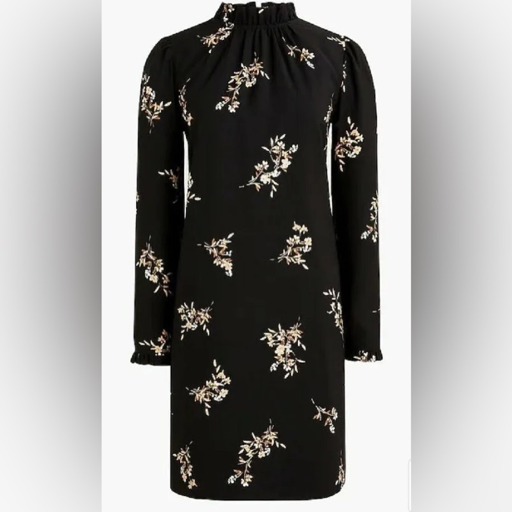 BLACK PRINTED RUFFLENECK SHIFT DRESS